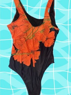 SHEIN Black One-Piece Swimsuit with Bold Orange Floral